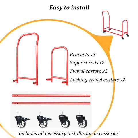 Heavy Duty Tire Storage Rack Featuring Four Smooth Swivel Casters Built To Grip Car Or Bike Tires Securely While Keeping Your Garage Setup Mess Free And Totally Slick parts, red brackets, support rods, and casters.
