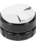 Pro Grade Reusable Metal Tamper Set For Espresso Machines showing aluminum top and black base with three-leaf paddle design