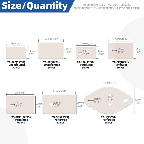 Size and quantity chart for All In One 420 Piece Mica Insulation Pad Kit For TO 220 TO 3P TO 3PL And TO 3P11 Transistors.