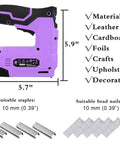 Purple Cordless Staple Gun And Brad Nailer 4V Rechargeable USB Power Includes 1500 Staples And 1500 Brad Nails dimensions and uses