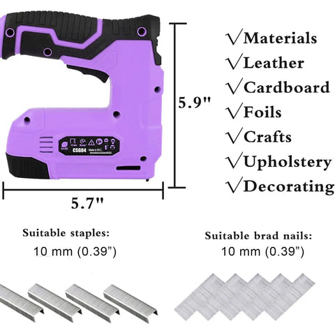 Purple Cordless Staple Gun And Brad Nailer 4V Rechargeable USB Power Includes 1500 Staples And 1500 Brad Nails dimensions and uses
