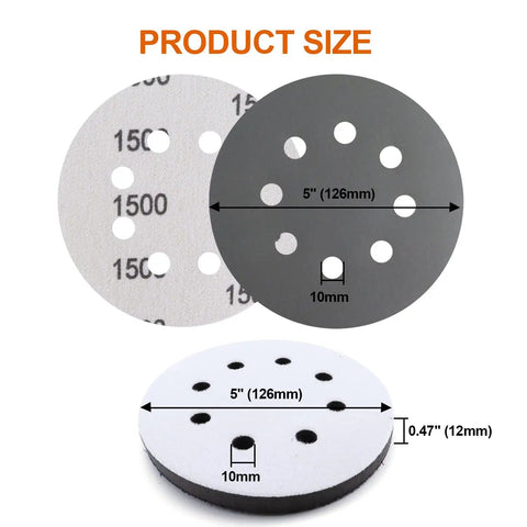 5 Inch Sanding Discs Set With 8 Hole Hook And Loop Wet Dry Sandpaper Sheets 50 Pack Includes 5 Inch Interface Pad For Random Orbital Sander Pro Grade Assorted Grits 80 To 2000 For Auto Wood Metal Plastic showing sizing details