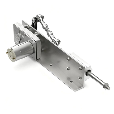 Reciprocating linear actuator on mounting plate with silver 24V motor and adjustable stroke rod.