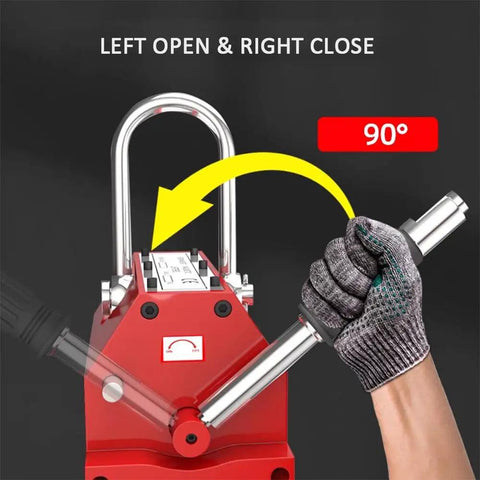 Built Different Heavy Duty Steel Magnetic Lifter Kick Butt Industrial Handheld Magnet showing operation handle at 90 degrees.