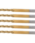 Five gold-coated tungsten steel end mills with 3-flute cutters and silver shanks, laid horizontally side view.