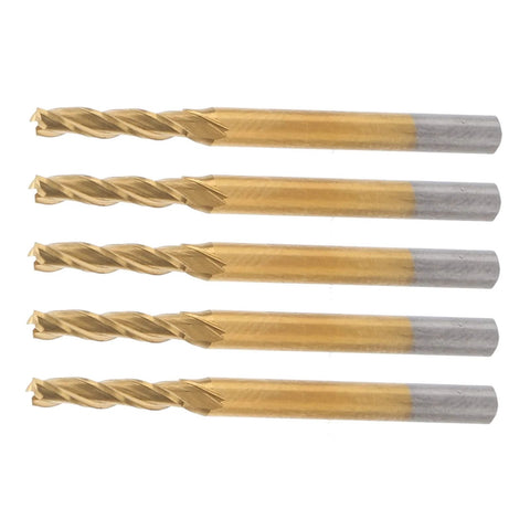 Five gold-coated tungsten steel end mills with 3-flute cutters and silver shanks, laid horizontally side view.