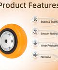 Super Tough 4 Pack 5 Inch Heavy Duty Rolling Caster Wheels Five Eighth Inch Bore Industrial Replacement Casters Zero Hassle Mounting Kit Smooth Glide No Sweat Swap featuring a sturdy orange caster wheel with silver metal hub.