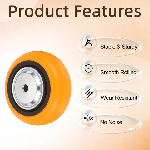 Super Tough 4 Pack 5 Inch Heavy Duty Rolling Caster Wheels Five Eighth Inch Bore Industrial Replacement Casters Zero Hassle Mounting Kit Smooth Glide No Sweat Swap featuring a sturdy orange caster wheel with silver metal hub.