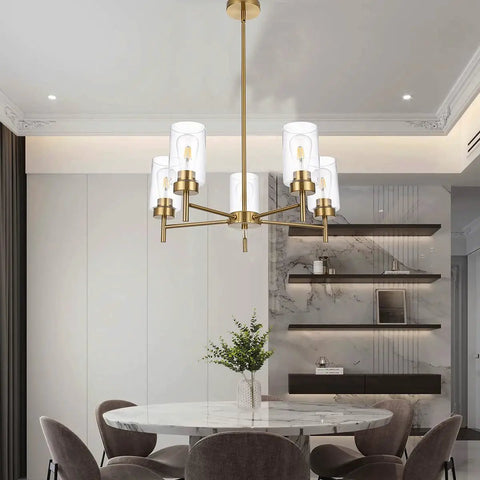 Five Light Farmhouse Chandelier For Dining Room And Kitchen Island Modern Matte Black Pendant Lighting With Clear Glass Shades