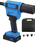 Cordless Brushless Rivet Gun With 20V Battery, Quick One Touch Stainless Steel Fastening Tool, showing blue body and included case.