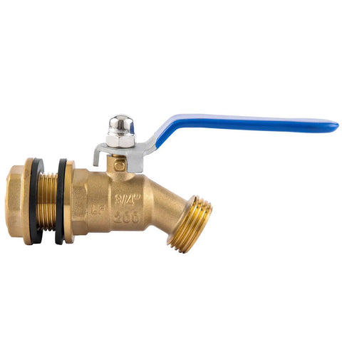 Side view of Brass Rain Barrel Spigot With Three Quarter Inch GHT Male Thread Quarter Turn Ball Valve And Bulkhead Fitting