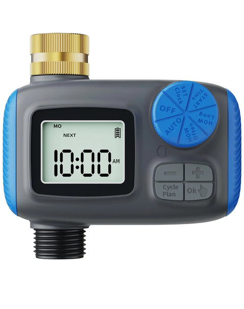 Programmable Hose Timer With Brass Swivel Fittings, Digital Irrigation Controller displaying 10:00 AM on screen