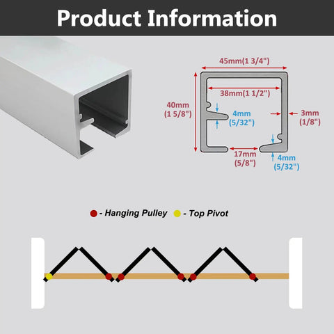 Heavy Duty Folding Sliding Barn Door Hardware Kit Featuring Adjustable Aluminum Top And Bottom Track Rollers For Slick Interior Door Glide Plus No Sweat DIY Install Setup dimensions and assembly guide.