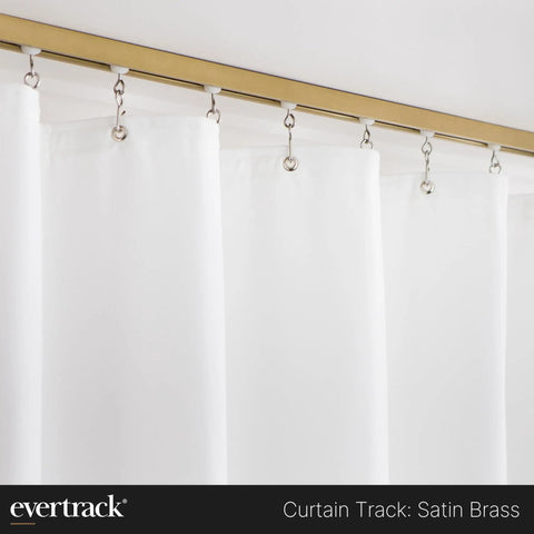 Ceiling Mounted Curtain Rail 20 Ft Satin Brass Track For Curtains And Room Dividers, Privacy Panels, Offices, Classrooms, Hospitals And More, USA Made Heavy Duty Ceiling Track System For Home Or Business Use with white curtains