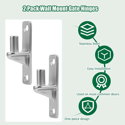 2 pack stainless steel gate hinges for wall mount, 5/8 inch pins, rust-resistant, heavy-duty, space-saving design, easy installation