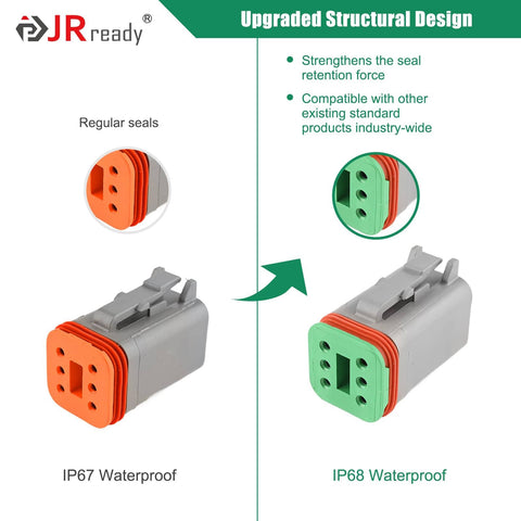 Deutsch DT Connector Kit IP68 Waterproof Beefed Up All In One 2 To 12 Pin Cavities connectors comparison next to IP67 waterproof version.