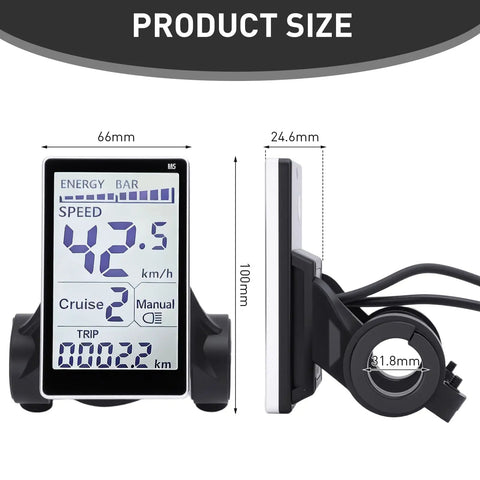 Universal 5 Pin LCD Display Meter For E Bikes And Scooters, 24V 36V 48V 60V Waterproof Connector, side and front view