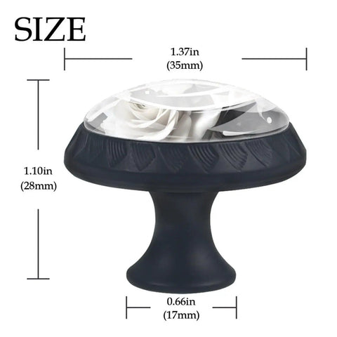 Four Pack 1.37 Inch Cabinet Knobs With Vintage Rose Florals Crystal Glass Dope Black Finish showing dimensions