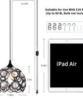 Black Crystal Plug In Chandelier With 13.12ft Cord And On And Off Switch Easy Setup Hanging Pendant Light For Kitchen Island Bedroom Reading Nook 360 Degree Lighting No Assembly Required with dimensions and accessories