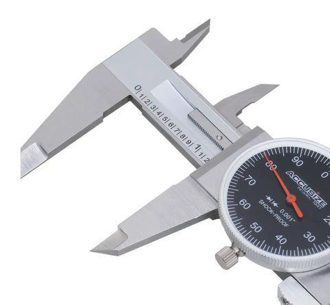 6 Inch Dial Caliper With 0.001 Inch Resolution Black Face Red Needle Stainless Steel Satin Chrome Finish close-up