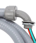 Heavy Duty Half Inch Liquid Tight Flexible Conduit Whips With 6 Foot 10 AWG 3 Wire Copper Cables For Outdoor Air Conditioning Units showing gray elbow fitting and copper wires.