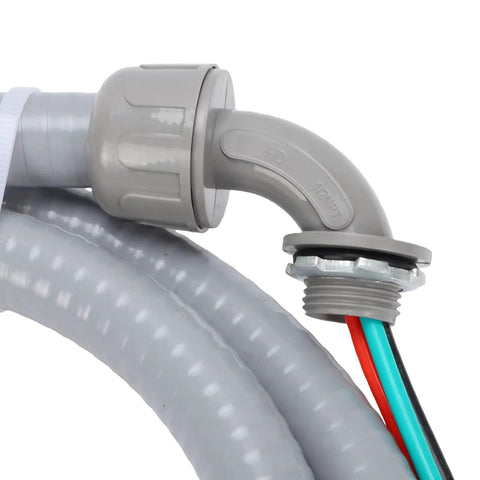 Heavy Duty Half Inch Liquid Tight Flexible Conduit Whips With 6 Foot 10 AWG 3 Wire Copper Cables For Outdoor Air Conditioning Units showing gray elbow fitting and copper wires.
