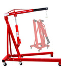 Heavy Duty 2 Ton Hydraulic Engine Hoist Cherry Picker Shop Crane With Telescopic Boom, red frame, dual wheel casters.