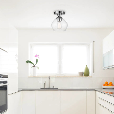 Harrow 1-Light Semi-Flush Mount Ceiling Light in chrome with clear glass shade in a modern kitchen setting