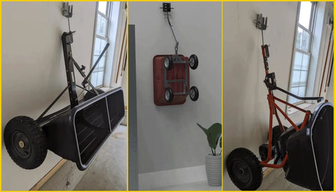 Tow Behind Wall Mount Bracket Kit for Lawn Care Attachments holding tools in a garage, space-saving organizer view