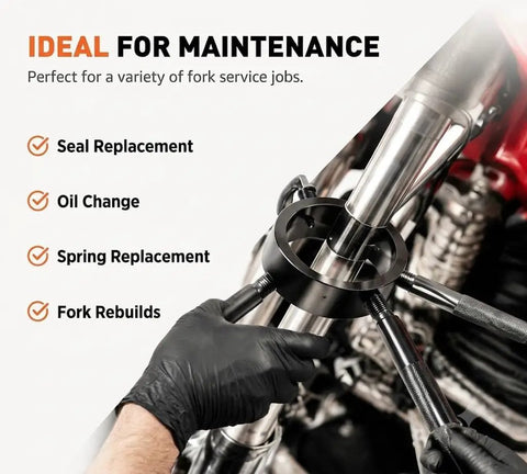 Heavy Duty Motorcycle Fork Spring Compressor Tool Kit in use for fork maintenance showing seal, oil, spring tasks.