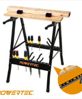 Portable Small Workbench With Vise And Ruler Protractor Scale, Folding Sawhorse Worktable with bench dogs and bamboo top