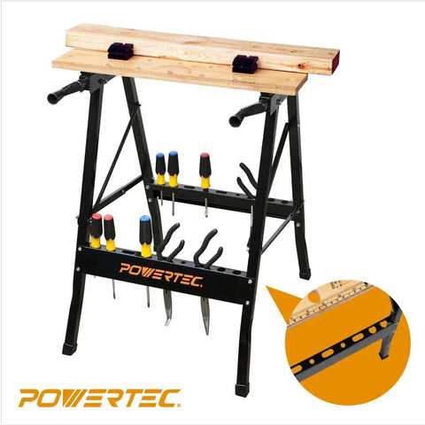Portable Small Workbench With Vise And Ruler Protractor Scale, Folding Sawhorse Worktable with bench dogs and bamboo top