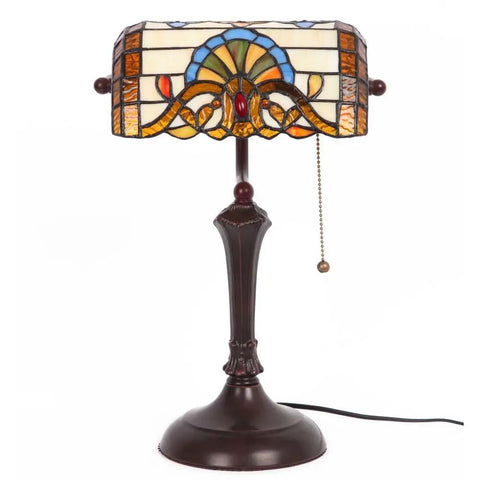 Baroque Tiffany Style Stained Glass Banker Table Lamp With 10 Inch Lampshade And 17 Inch Tall Body, Cool Retro Vibe Reading Light