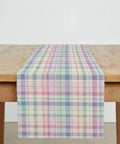Pastel Colorful Plaid Linen Table Runner 72 Inch Long For Kitchen Island And Dining Room Decor Indoor Outdoor Party Ready 13x72 Inch Valentines Day Theme Soft Durable Linen For Everyday Home Kitchen displayed on a wooden table.
