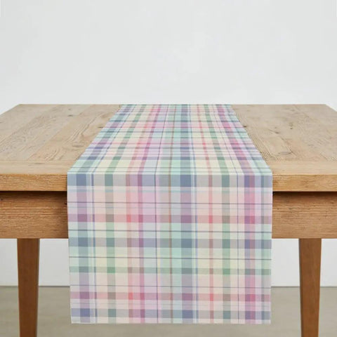 Pastel Colorful Plaid Linen Table Runner 72 Inch Long For Kitchen Island And Dining Room Decor Indoor Outdoor Party Ready 13x72 Inch Valentines Day Theme Soft Durable Linen For Everyday Home Kitchen displayed on a wooden table.