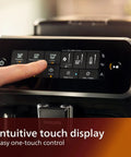 Killer Fully Automatic Espresso Machine With Slick Ceramic Grinder And One Touch Milk Frother For Silky Lattes And Bold Black Coffee Plus No Sweat Touch Panel And Smart Aqua Filter In Sleek Black Design showing intuitive touch display for easy control.
