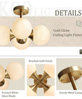 Antique Brass 4 Light Ceiling Light With Frosted Glass Globes, Mid Century Modern Chandelier, sturdy metal canopy detail