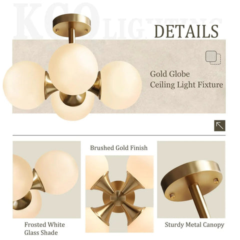Antique Brass 4 Light Ceiling Light With Frosted Glass Globes, Mid Century Modern Chandelier, sturdy metal canopy detail