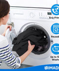 Woman placing Bulk 50 Pack Microfiber Cleaning Cloths 11.5 By 11.5 Inches Lint Free Reusable Towels into washing machine