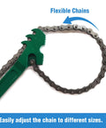 Heavy Duty Chain Wrench Set 3 Piece Adjustable Oil Filter Chain Wrenches 9 Inch, 12 Inch, And 16 Inch Fits 1.5 To 8 Inch Diameter For Pipe And Car Repair Carbon Steel Rust Resistant, showing green handle with flexible chain.