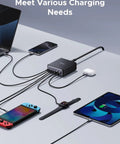 Six Port GaN Desktop Charger With 100W USB C Power Hub charging multiple devices on a desk.