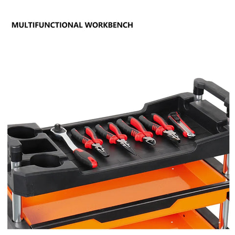 Heavy Duty Four Shelf Rolling Tool Cart With Handle A Real Workhorse For Garage Or Warehouse Portable Removable Tool Trolley With Drawers You Can Open From Front And Back And Smooth Rubber Wheels, black plastic top with pliers