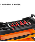 Heavy Duty 4 Shelf Rolling Tool Cart With Foldable Service Design, Mobile Tool Trolley For Garage, Warehouse, And Workshop Storage, Stackable Design With Removable Drawers, Durable, Multi Purpose Tool Organizer For DIYers And Pros, black top tray with pliers
