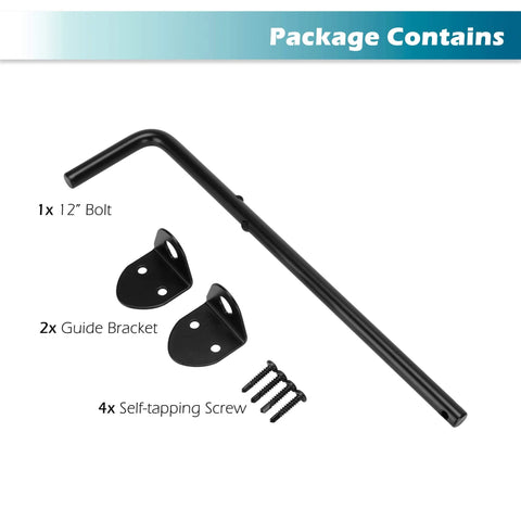 Package contents of 12 Inch Cane Bolt Heavy Duty Drop Rod Gate Stopper Hardware Ground Latch For Wooden Fences Metal Gates And Doors