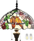 Tiffany Style Floor Lamp With Double Tropical Birds Stained Glass Reading Light 64 Inch Tall 16 Inch Shade Antique Bronze Pole Corner Lamp
