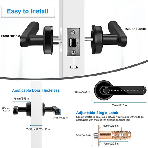 Installation diagram of 4 In 1 Fingerprint Door Lock With App Control, Password Access, Backup Key, And Keyless Entry, showing latch and handle details