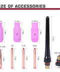 Tig Welding Gun Wp-17V Argon Torch accessories including gas cups, collets, and nozzle with size labels.