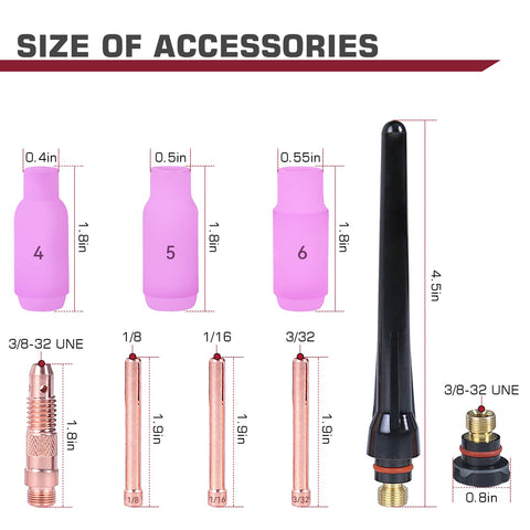 Tig Welding Gun Wp-17V Argon Torch accessories including gas cups, collets, and nozzle with size labels.