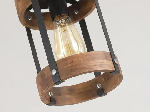 Rustic Farmhouse Pendant Lights Two Pack in Solid Oak and Matte Black Metal Cages showcasing light bulb and wooden design.