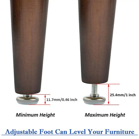 30 Piece Adjustable Furniture Leveler Pads to Kick the Wobble Out of Your Tables and Dressers with Scratch Proof Plastic Discs and No Stress M6 Threads for a Sweet Home Setup showing adjustable foot height from 11.7mm to 25.4mm.